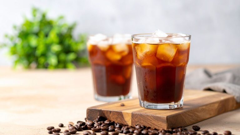 Two glasses of cold brew coffee over ice on a light background