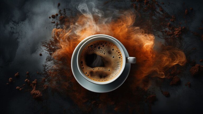 Steaming cup of coffee on a dark background, illustrating a coffee crash topic