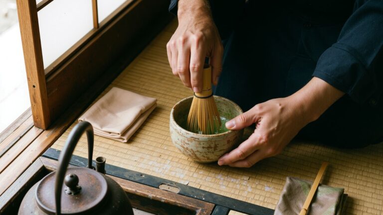 Matcha morning routine setup with bowl and bamboo whisk