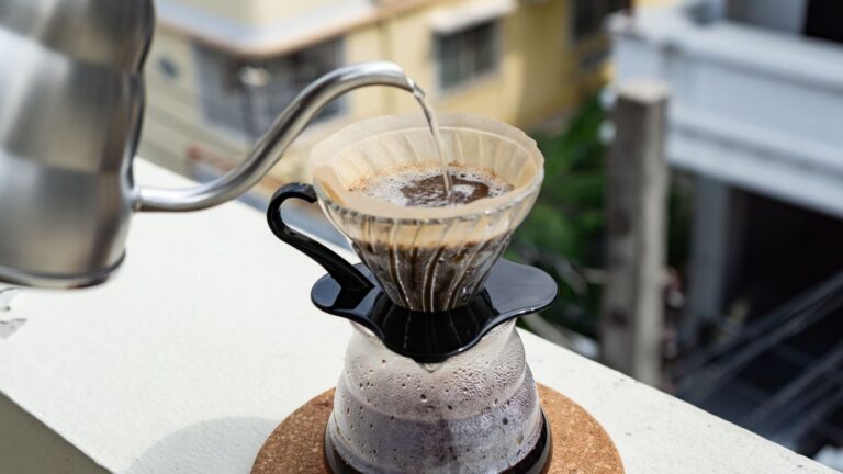 Pour-over coffee setup used to illustrate coffee-to-water ratio and home brewing