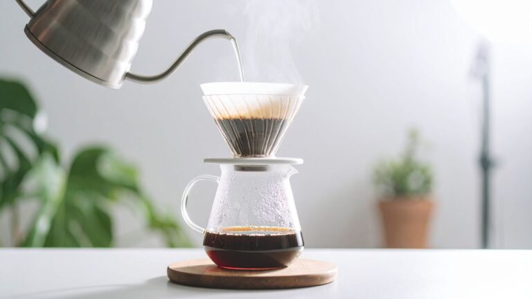 Gooseneck kettle pouring hot water into a pour-over coffee dripper over a glass carafe