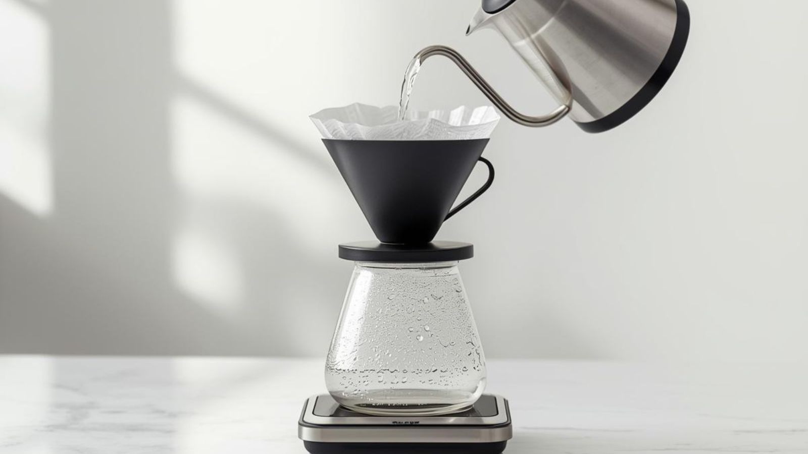 Pour over coffee brewing setup with a gooseneck kettle pouring into a black dripper over a glass carafe on a digital scale